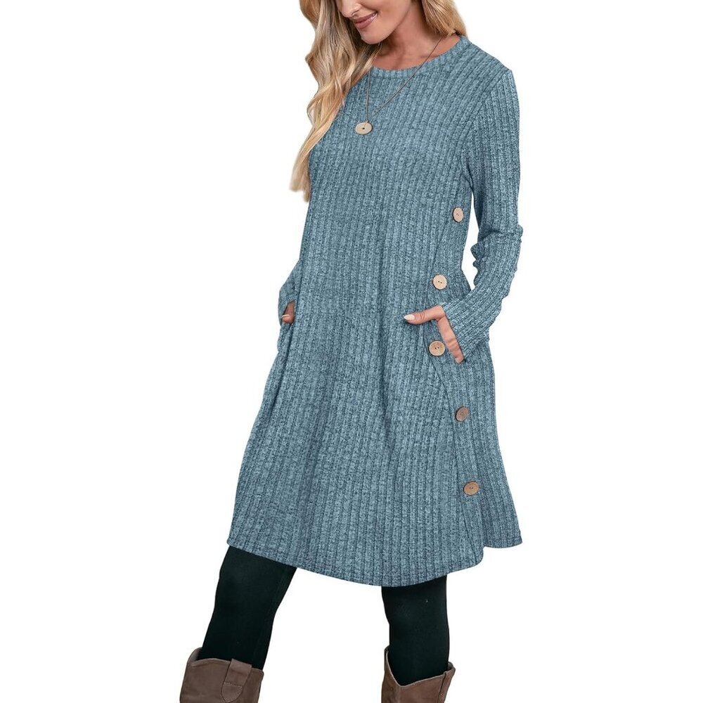 Ofeefan Women's Ribbed Light Blue Crew Neck Long Sleeve Cozy Winter Tunic Dress